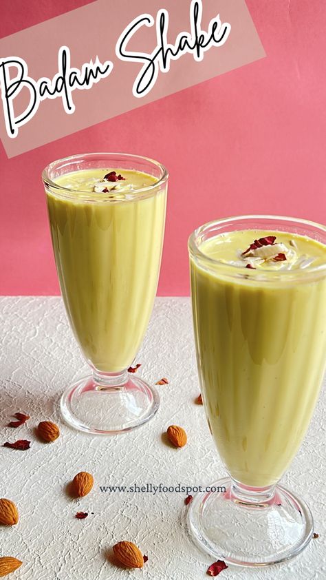 Badam milkshake Badam Shake, Custard Milkshake, Badam Milk, Ice Cream Quotes, Coconut Milkshake, Mango Milkshake, Soaked Almonds, Powdered Food Coloring, Lassi Recipes