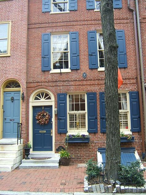 Philadelphia Blue | I loved the blue against the brick. | Elaine | Flickr Shutters Brick House, Brick House Front Door Colors, Unique Front Door, Philadelphia Neighborhoods, Unique Front Doors, Front Door Paint Colors, House Shutters, Blue Shutters, Door Colors