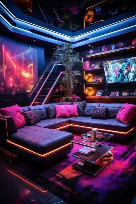 Futuristic Game Room, Cyberpunk Interior Design Concept Art, Cyberpunk Gaming Room, Cyberpunk Home Decor, Neon Apartment Aesthetic, Futuristic Room Ideas, Cyberpunk Aesthetic Room, Cyberpunk Room Interiors, Cyberpunk Home