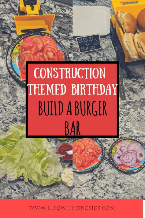 Build Your Own Burger Bar is a perfect party bar for a birthday or event.  We did this build a burger bar for my son's construction themed birthday party.  Guests loved it! #partybars #buildaburger #buildyourownburger #constructionbirthdayparty #truckparty Build Your Own Burger Bar, Burger Bar Ideas, Construction Truck Birthday Party, Burger Bar Party, Build Your Own Burger, Construction Truck Birthday, Construction Themed Birthday Party, Catering Food Displays, Food For Special Event