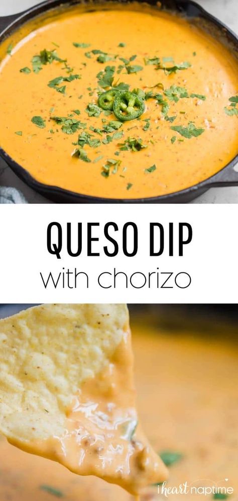 Cheesy and delicious chorizo queso dip that's loaded with flavor! The perfect appetizer for any party that can easily be made ahead of time. #cheese #cheesedip #queso #quesodip #cheesy #dips #appetizers #chorizo #appetizerrecipes #recipes #iheartnaptime Chorizo Queso Dip Crockpot, Chorizo Queso Dip, Cheesy Dips, Chorizo Queso, Dips Appetizers, Velveeta Recipes, I Heart Naptime, One Skillet, Queso Dip