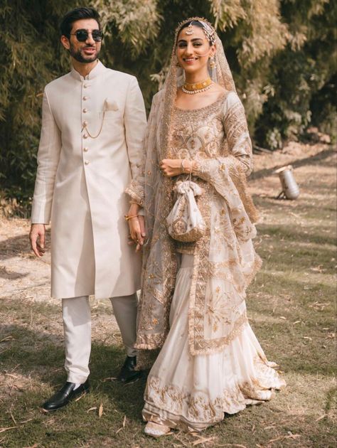 White And Gold Nikkah Outfit, Nikkah Outfit Bride And Groom, Gold Nikkah Outfit, Nikkah Dress Pakistani White And Golden, Off White Indian Wedding Dress, Nikkah Inspo Dresses, Nikkah Sherwani, Pakistani Men Wedding Outfit, Nikkah Outfit For Men