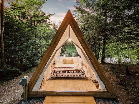 Lumen Nature Retreat | A-Frame | White Mountains - Tents for Rent in Woodstock, New Hampshire, United States - Airbnb A Frame Glamping, Glamping Campground, Farm Airbnb, Mini Cabin, Nature Retreat, Couples Getaway, A Frames, Driftwood Furniture, Glamping Tents