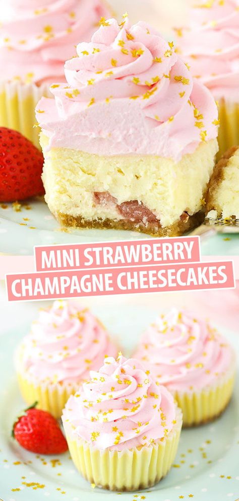 This festive recipe for Mini Strawberry Champagne Cheesecakes is full of champagne and strawberry flavor and perfect for New Year’s Eve! Their mini size makes them perfect for sharing with a crowd! New Years Desserts Party, Strawberry Champagne Cheesecake, New Year Day Dessert Ideas, New Years Baked Goods, Birthday Treat Ideas For Adults, New Years Cheesecake, New Years Baking Ideas, New Years Deserts, New Year’s Eve Treats