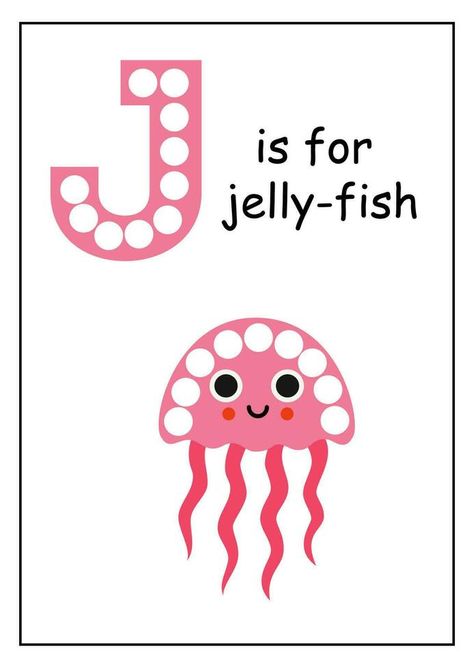 Learning English alphabet for kids. Letter J. Dot marker activity. J Words Preschool, Letter J Flashcards, Letter J Coloring Page, Letter J Learning Activities, J For Jellyfish, J Dot, Dot Marker Activities, Arabic Alphabet For Kids, English Alphabet