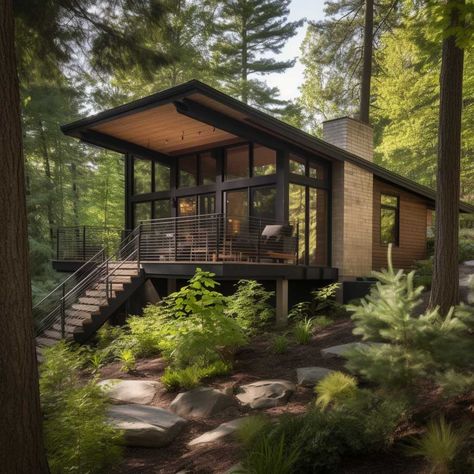 Cabin In The Woods Plans, Mountain Small House, Small Modern Home Design, Modern Rustic Home Exterior, Modern Cabin Exterior, Chalet Modern, Apaneca, Modern Forest House, Modern Cabin Plans