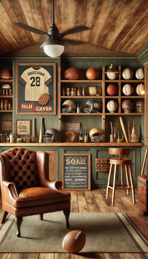 21 Jaw-Dropping Man Cave Decor Ideas You Must See to Believe! 🕶️🎱 Vintage Masculine Decor, Retro Man Cave, Man Cave Decor Ideas, Vintage Sports Room, Sports Room Man Cave, Small Bar Area, Vintage Sports Decor, Industrial Man Cave, Baseball Man Cave