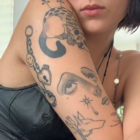 Women’s 3/4 Sleeve Tattoo, Mixed Style Sleeve Tattoo, Woman's Face Tattoo, Eclectic Tattoo Sleeve, One Sleeve Tattoo, Mixed Tattoo Styles Sleeve, Half Sleeve Tattoos Upper Arm, Cute Sleeve Tattoos, Tattoos Sleeve Women