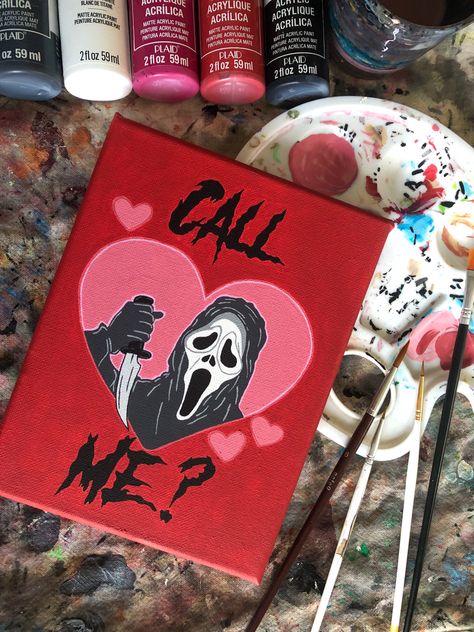 Ghostface Acrylic Painting, Spooky Love Painting, Scream Painting Aesthetic Easy, Painting Ideas On Canvas For Room, Painting Ideas Ghostface, Painting Ideas On Canvas Scary, Scary Painting Ideas On Canvas, Cute Easy Halloween Paintings, Painting Ideas On Canvas Horror