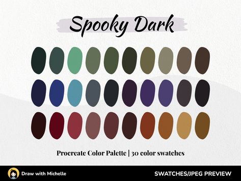 THIS COLOUR PALETTE IS AN INSTANT DIGITAL DOWNLOAD This is one set of handpicked color palette made up of my favorite colors and combinations, easy to use with your design or project! This is a collection of 30  inspired colors, ready to install. ♥ ♥ ♥ WHAT YOU RECEIVE: 1 color palette with 30 inspired colors: HOW TO USE: - Download through web browser (not Etsy app) - Click the file on your iPad and it will automatically import into your Procreate color palettes. Please send me a message if you Dark Bright Color Palette, Dark Bold Color Palette, Spooky Color Palette, Gothic Palette, Gothic Color Palette, Dark Colour Palette, 1 Color Palette, Procreate Color Palettes, Color Palette Dark