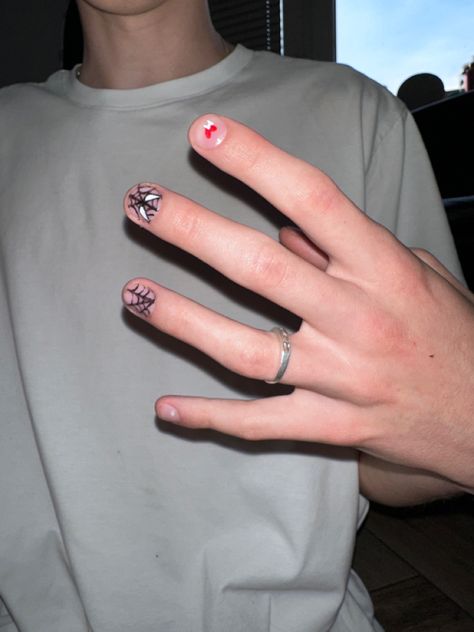 Spiderman Nails For Men, Spider Man Nails Men, Guys Nails Painted Ideas, Male Nails Aesthetic, Men’s Valentines Nails, Nail For Men Ideas, Manicure On Men, Nail Designs Masculine, Scratched Back From Nails Men Aesthetic