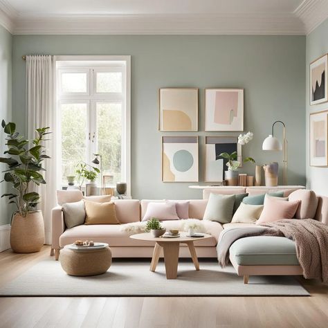 A modern living room with pastel colors, minimalist design, and cozy textures, enhanced by natural light and greenery. - modern living room, pastel colors, minimalist aesthetic, abstract art, natural light, cozy textures, inviting decor, contemporary design, greenery Pastel Colour Living Room, Mauve Living Room Ideas, Danish Pastel Living Room, Living Room Pastel Colors, Pastel Living Room Ideas, Pastel Colors Living Room, Mauve Living Room, Pastel Living Room, Pastel Color Palette