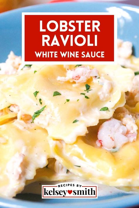 Lobster ravioli in a creamy sauce with lobster meat Lobster Ravioli White Wine Sauce, Pre Made Ravioli Recipes, Lobster Cream Sauce Recipe, Best Sauce For Lobster Ravioli, Sauce For Lobster Ravioli, Lobster Ravioli Sauce Recipe, Ravioli Sauce Recipe, Lobster Ravioli Sauce, Lobster Pasta Recipe