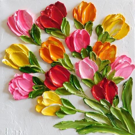 Paler Knife Painting, Flowers Knife Painting, Impasto Painting Flowers, Tulip Texture Painting, Raised Painting, Palet Knife Painting, Pallets Knife Flowers, Textured Flower Painting Palette Knife, Simple Oil Painting