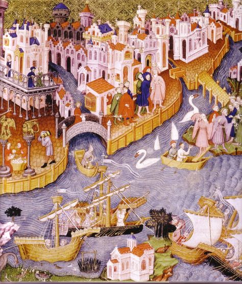 Painting of Marco Polo leaving Venice, 1430 French Trip, Venice Map, Republic Of Venice, Bodleian Library, Medieval Life, Medieval World, Medieval Manuscript, European Paintings, Marco Polo