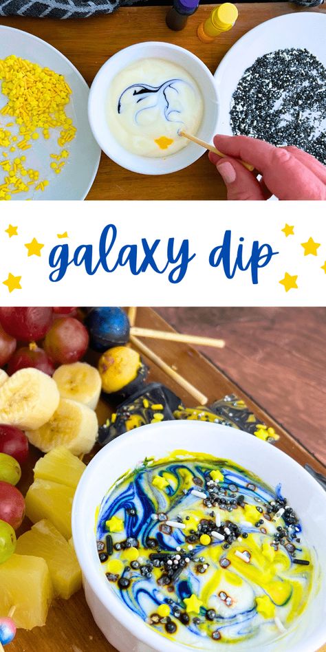 How To Make Galaxy Fruit Dip For Kids - easy fruit dip for fun eclipse party, Starry Night theme, edible art craft for kids, galaxy party or space themed birthday party snacks #fruitdip #galaxy #eclipse #space #starrynight #artcraft #crafts Eclipse Themed Food, Space Party Food, Space Snacks, Starry Night Theme, Art Craft For Kids, Eclipse Activities, Space Themed Birthday Party, Easy Fruit Dip, Space Themed Birthday