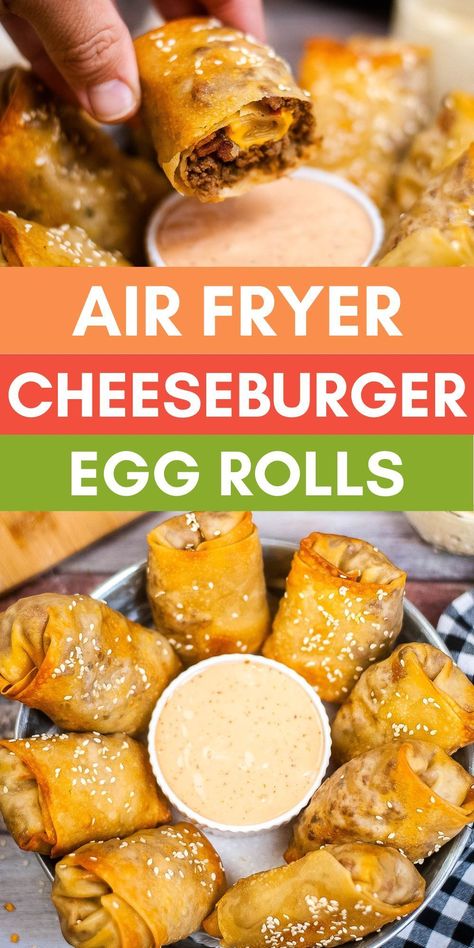 Air Fryer cheeseburger egg rolls Cheeseburger Egg Rolls Recipe, Air Fryer Cheeseburger, Hamburger With Egg, Cheeseburger Egg Rolls, Egg Roll Ingredients, Egg Rolls Recipe, Homemade Cheeseburgers, Burger Seasoning, Egg Roll Recipes