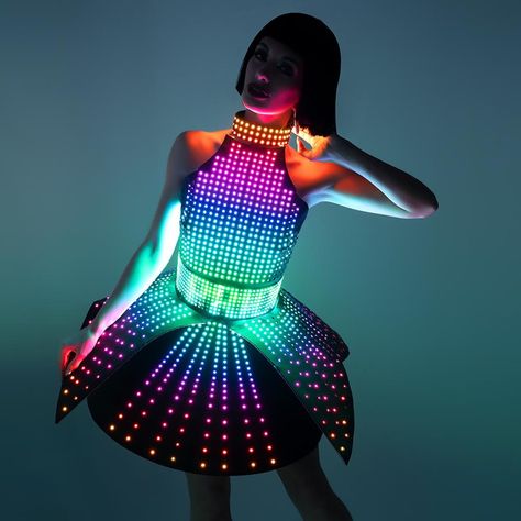 Rave LED light up rainbow dress outfit / fashion festival | Etsy Glow Party Outfit, Glow Outfits, Light Up Clothes, Neon Prom Dresses, Light Up Dresses, Led Costume, Neon Dresses, Eva Dress, Black Halloween Dress