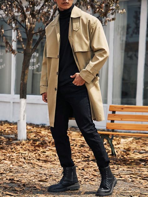 Khaki Casual Collar Long Sleeve Woven Fabric Plain Regular Embellished Non-Stretch  Men Plus Size Clothing Beige Trench Coat Outfit, Long Coat Outfit, Men's Trench Coat, Coat Pattern Sewing, Trench Coat Outfit, Beige Trench Coat, Long Coats, Trench Coat Men, Men Plus Size