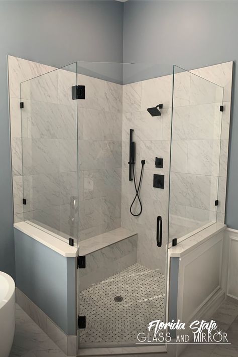 Neo Angle Shower Ideas Master Bathrooms, Corner Glass Shower Ideas, Luxury Showers Master Baths, Glass Shower Ideas, Coast Bathroom, Neo Angle Shower Doors, Corner Showers, Pony Walls, Black Matte Hardware