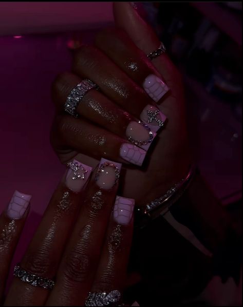 Nail Designs With Rhinestones Short, Purple Acrylic Nails With Charms, Pink Birthday Nails Short, Y2k Nails Black And Pink, Black Nails With Hello Kitty Charms, Y2k Nails Acrylic Pink And Black, Nails Acrylic Charms Y2k, Hard Nails, Acrylic Toe Nails