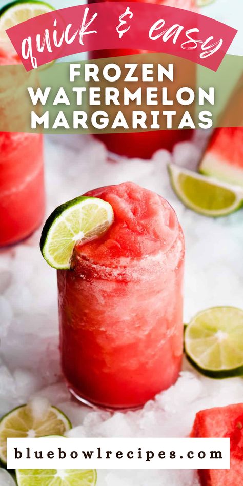 These Frozen Watermelon Margaritas are the perfect summer drink! We're blending up frozen watermelon, fresh lime juice, tequila, and triple sec for a refreshing drink you can make in minutes. Watermelon Frozen Drink, Frozen Watermelon Cocktail, Watermelon Tequila Drink, Frozen Watermelon Recipes, Watermelon Drinks With Alcohol, Summer Margarita Recipes, Fresh Watermelon Margarita, Frozen Alcoholic Drinks, Frozen Margarita Recipes