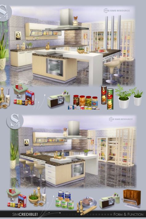 *Photo and CC Credit: @simcredible Sims Cc Kitchen Counters, Sims 4 Simcredible, Sims4cc Kitchen, Sims 4 Cc Furniture Functional Kitchen, Sims 4 Kitchen, Eye Decor, Kitchen Time, Form And Function, Coastal Bathrooms