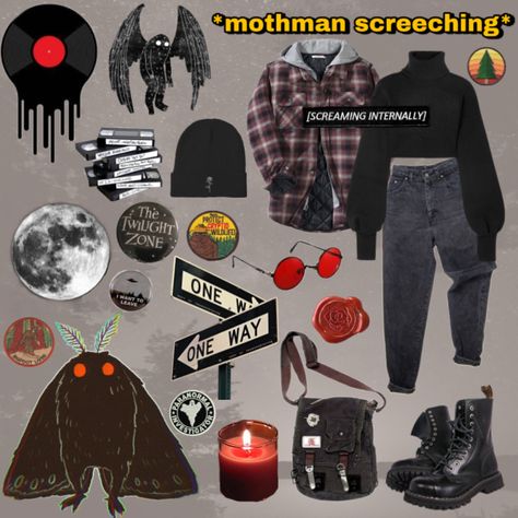 Cryptid Core Clothes, Mothman Aesthetic Outfit, Mothman Inspired Outfit, Paranormal Investigator Aesthetic Outfits, Cryptid Hunter Outfit, Cryptic Outfit, Cryptid Hunter Aesthetic Outfit, Mothman Outfit, Ghost Hunter Aesthetic Outfit