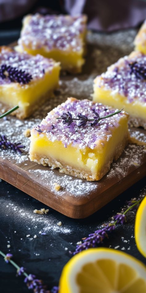 Lavender Lemon Bars [1 Hour] - Chasety Lemon Lavender Desserts, Spring Baked Goods Desserts, Summer Recipes Baking, Cute Wedding Desserts, Litha Desserts, Garden Party Treats, Honey Lavender Cheesecake, Lemon And Lavender Wedding, Lavender Lemon Cookies