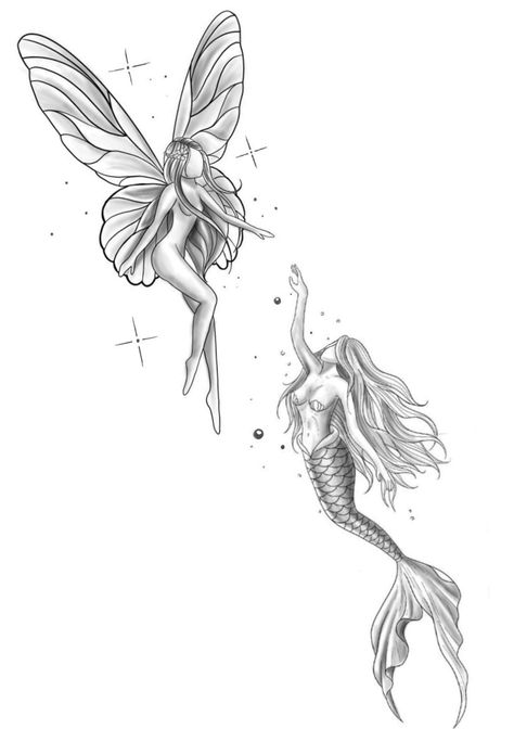 Mermaid With Wings Tattoo, Skull Mermaid Tattoo, Mermaid Tattoo Designs Sketches, Mermaid And Fairy Tattoo, Fairy And Mermaid Tattoo, Mermaid Leg Tattoo, Pisces Goddess Tattoo, Siren Tattoo Dark Mermaid, Mermaid Pisces Tattoo