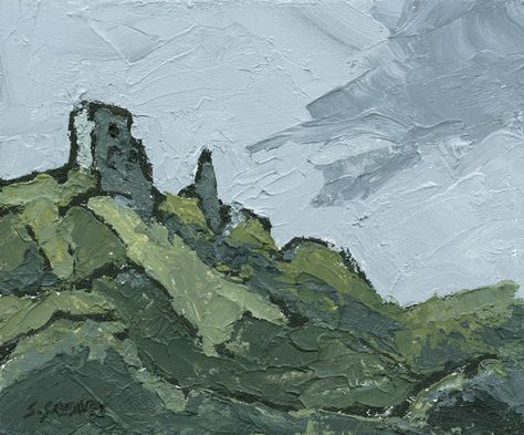 Dryslwyn Castle - Painting by Steve Greaves. Acrylic on hardboard. Size - approx 6 x 5 ins. Kyffin Williams style Welsh landscape art. www.stevegreaves.com Painting Of Castle, Dryslwyn Castle, Dudley Castle, Glenveagh Castle, Kyffin Williams, Welsh Landscape, Barnsley South Yorkshire, Gwrych Castle, Painting In Acrylic