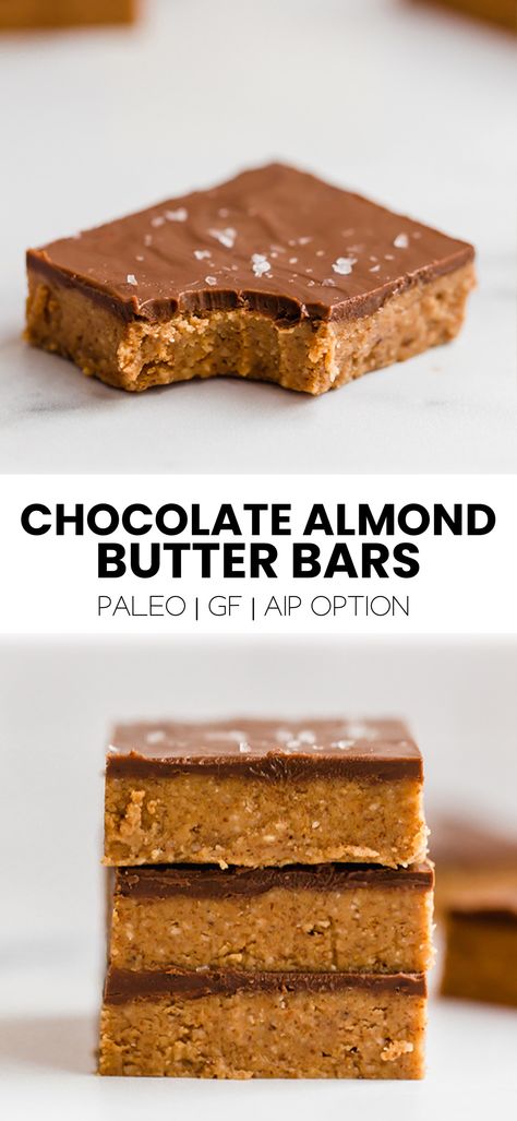 These chocolate almond butter bars are a no-cook snack that's kid-approved, and easy to make! This version is paleo and can be made AIP. Almond Butter Bars, Paleo Bars, Paleo Breads, Chocolate Almond Butter, Almond Butter Recipes, Aip Desserts, Almond Bars, Carob Chips, Dairy Free Chocolate Chips