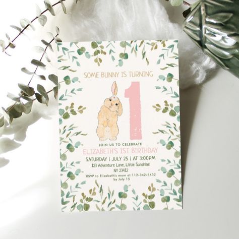 1st Birthday Bunny Watercolor Eucalyptus Pink Invitation Birthday Bunny, Easter Birthday Party, Pink Invitation, Easter Invitations, Bunny Watercolor, Watercolor Eucalyptus, Spring Birthday, 2nd Birthday Invitations, Adult Birthday Invitations