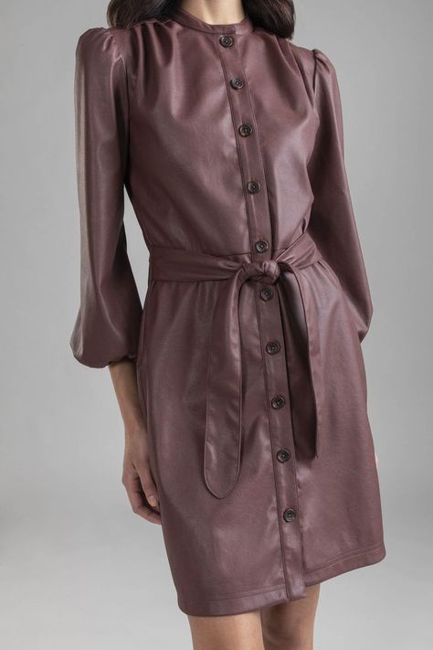 MOCHA FAUX LEATHER TALLEN DRESS Faux Leather Shirt, Leather Button Up, Leather Shirt Dress, Mocha Brown, Leather Shirt, Cinched Waist, Brown Color, Mocha, Round Neckline