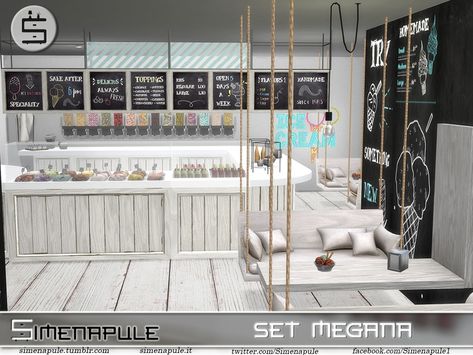 The Sims Resource - Ice Cream Shop Megana - Part 1 Pouf Coffee Table, Ice Cream Display, Walls Ice Cream, Upper Cabinet, The Sims 3, Shabby Style, Sushi Restaurants, Big Rugs, Upper Cabinets