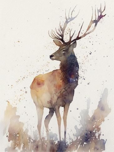 size: 12x9in Art Print: Beautiful Deer by Lana Kristiansen : Deer In Winter Painting, Stag Deer Art, As The Deer Pants For The Water Art, Easy Deer Paintings On Canvas, Winter Deer Art, Elk Watercolor Painting, Deer Oil Painting, Deer Hunting Painting, Deer Art Painting