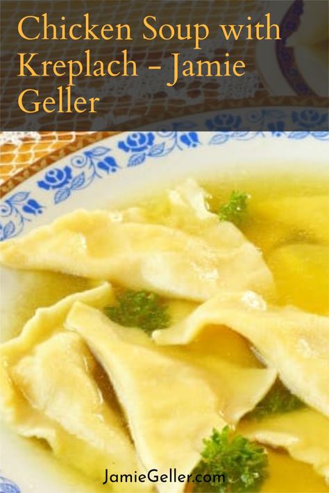 Chicken soup with kreplach - a classic Jewish tradition that many families can't do without. With this recipe, even those who never made kreplach will want to make them. Preparation and cook time below are for kreplach. Cook time for soup is about 4 hours. #jewish #dinner #soup Chicken Kreplach Soup, Sukkot Recipes Food, Jewish Soup Recipes, Jewish Chicken Soup Recipes, Kreplach Soup Recipe, Kosher Chicken Recipes, Kreplach Recipe, Jewish Soup, Jewish Chicken Soup