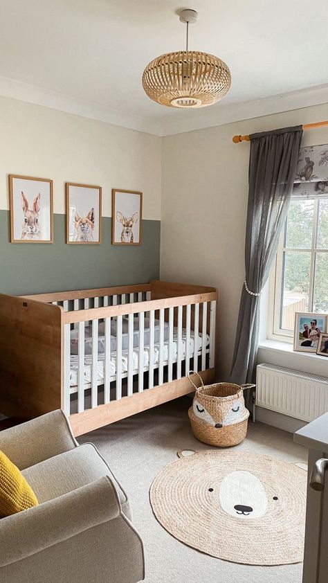 #nurseryideas #ikeanursery #babyboyroom Nursery Paint Ideas Green, Nursery With Green Curtains, Green Half Wall Nursery, Woodland Nursery Wall Color, Sage Nursery Wall, White And Sage Nursery, Woodland Green Nursery, Dulux Heritage Sage Green, Sage Green And White Nursery