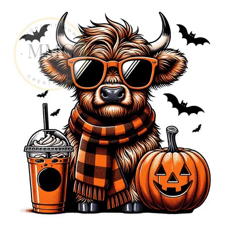 Cow Halloween Wallpaper, Trendy Png Designs, Highland Cow Pumpkin Carving, Highland Cow Halloween, Halloween Png Images, Free Sublimation Designs For Shirts, Free Sublimation Downloads, Cute Sublimation Designs, Sublimation Designs Free