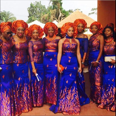 Cobalt Blue and Burnt Orange Bridesmaids Nigerian Attire, Afro Wedding, African Bridesmaids, African Traditional Wedding, Nigerian Weddings, Ghanaian Fashion, African Fashion Designers, Afrikaanse Mode, African Wedding Dress