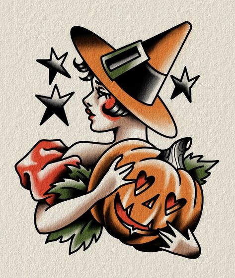 American Traditional Jack O Lantern Tattoo, American Traditional Witchy Tattoos, Witch Tattoo Traditional, Halloween Pin Up Tattoo, Traditional Witch Tattoo, Vintage Halloween Tattoos, Traditional Halloween Tattoo, Witch Hat Tattoo, Spicy Tattoo