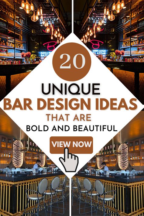 Luxurious Bar Design Inspirations and ideas for your home or commercial space. Explore the collection of bold and beautiful bars with shelves organization, stools and seating #bar #design #ideas #rustic #stools #shelves Restaurant Bar Design Ideas Modern, Bar Display Design Restaurant, Bar Colors Ideas, Unusual Bar Ideas, Bar Decor Ideas Commercial, Unique Bar Top Ideas, Bar Designs For Home Modern, Unique Bar Ideas Restaurants, Cool Bar Top Ideas