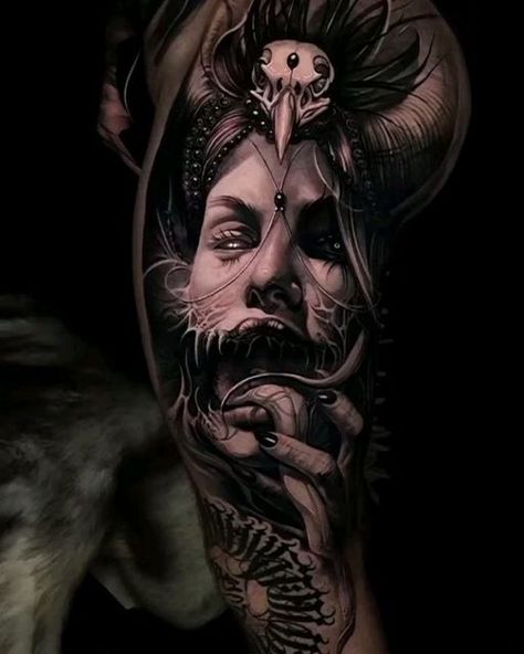 Scary Realism Tattoo, Realistic Chest Tattoo, Horror Realism Tattoo, Dark Horror Tattoo, Dark Realism Tattoo Design, Realism Sleeve Tattoo, Dark Art Tattoo Ideas, Dark Realism Tattoo, Demonic Tattoos