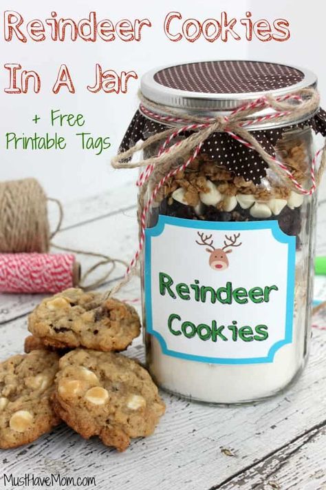 Jar Food Gifts, Mason Jar Gifts Recipes, Mason Jar Cookie Recipes, Mason Jar Mixes, Mason Jar Cookies Mix, Cookies In A Jar, Mason Jar Cookies, Reindeer Cookies, Dessert In A Jar