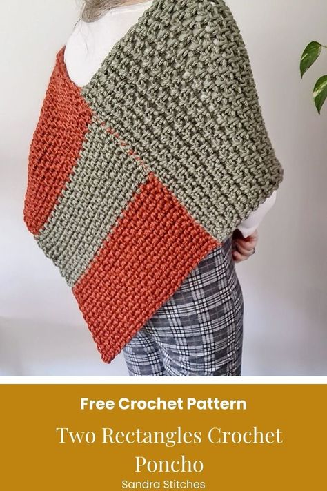 free crochet pattern for a super chunky poncho in two colors made with two rectangles Crochet Womens Poncho Free Pattern, Chunky Poncho Crochet Pattern, Crocheted Ponchos Patterns Free, Free Poncho Crochet Pattern, Crochet Poncho Free Pattern Woman Easy, Crochet Ponchos Free Patterns, Free Crochet Poncho Patterns Woman, Chunky Crochet Poncho, Poncho Crochet Pattern Free