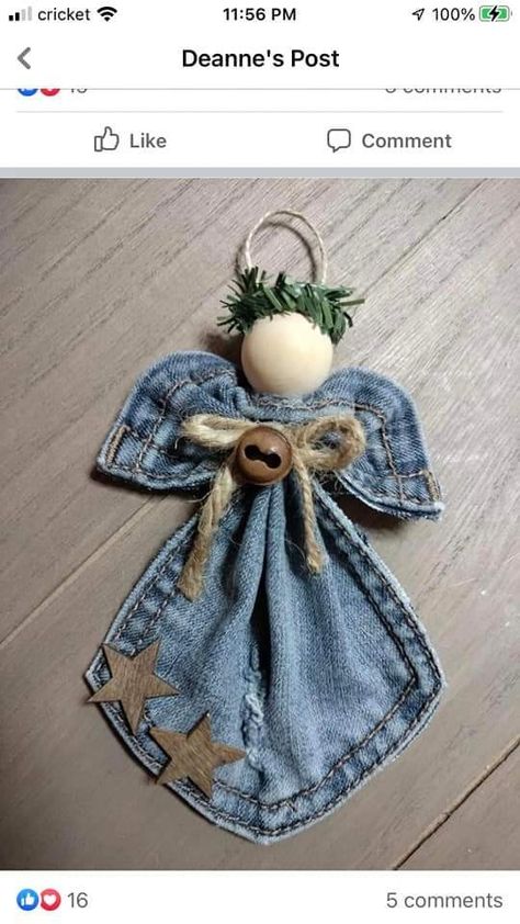 Angels Ornaments Christmas, Jean Pocket Angels Diy, Denim Angel Ornament, Jean Pocket Angels, Jeans Crafts, Christmas Angel Crafts, Denim Crafts Diy, Easy Christmas Ornaments, Fabric Christmas Ornaments Diy