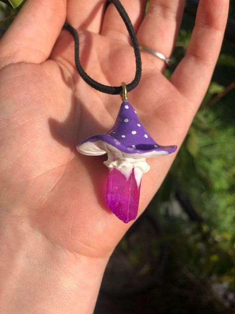 Clay Crystal Necklace, Polymer Clay Crystal Pendant, Clay Crystal Pendant, Mushroom Crystal Necklace, Crystal Mushroom Necklace, Mushroom Ideas, Magenta Crystal, Crystal Wrapping, Jeremy Fitzgerald