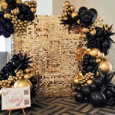 Soul Train Balloon Garland, Black Gold And White Bridal Shower Ideas, Black And Gold Wedding Decorations Ideas, Gold Shimmer Wall With Balloons, Black And Gold Disco Party, Black And Gold Balloon Garland Backdrop, Black And Gold Party Aesthetic, Black And Gold Balloon Backdrop, Black And Gold Balloon Decorations