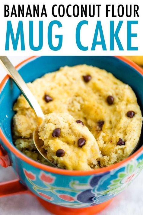 A simple, single-serving dessert made with coconut flour, this banana coconut flour mug cake is grain-free and the perfect treat to satisfy a sweet craving. Plus, you will LOVE the mini chocolate chips! #banana #mugcake #coconutflour #healthydessert #grainfree #glutenfree #eatingbirdfood Banana Coconut Flour, Diary Free Dessert, Coconut Flour Mug Cake, Coconut Flour Cakes, Microwave Mug Cake, Banana Mug Cake, Chocolate Chip Mug Cake, Eating Bird Food, Cake Calories