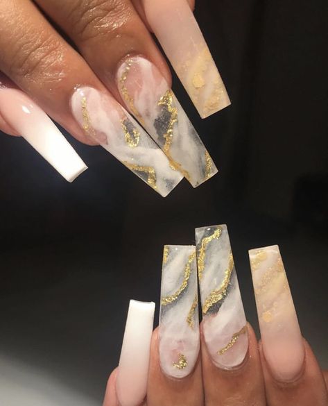 Marble With Gold Nails, Marble Full Set Nails, Clear Marble Nails Acrylic, White N Gold Nails, Gold Leaf Marble Nails, Gold Marble Acrylic Nails, Gold White Marble Nails, White And Gold Marble Nails, Coffin Marble Nails